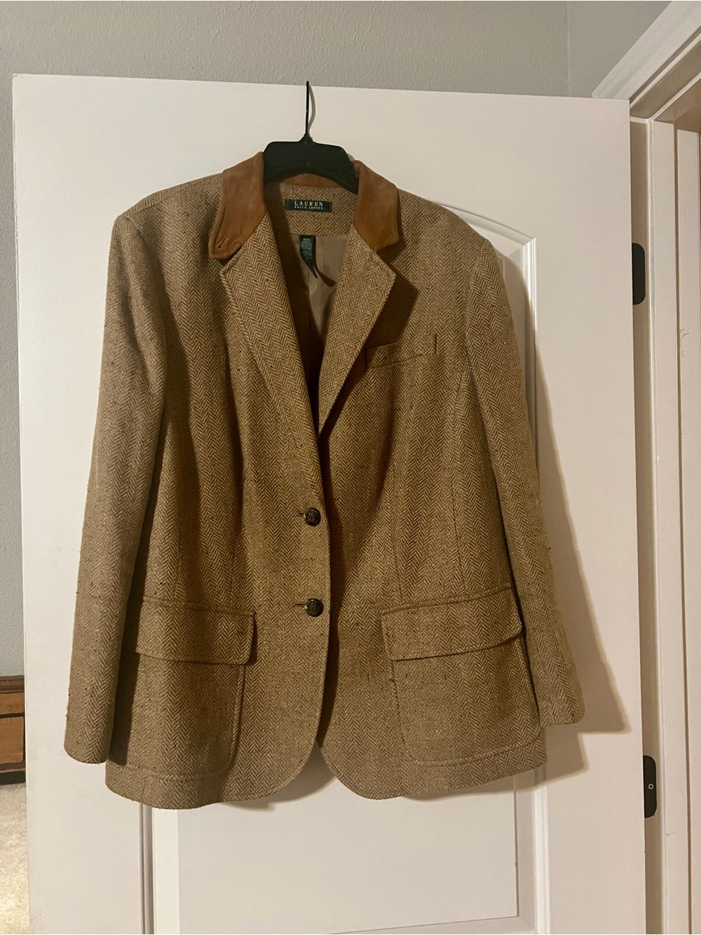 Lauren Ralph Lauren Brown Tan Tweed Blazer with Leather Trim